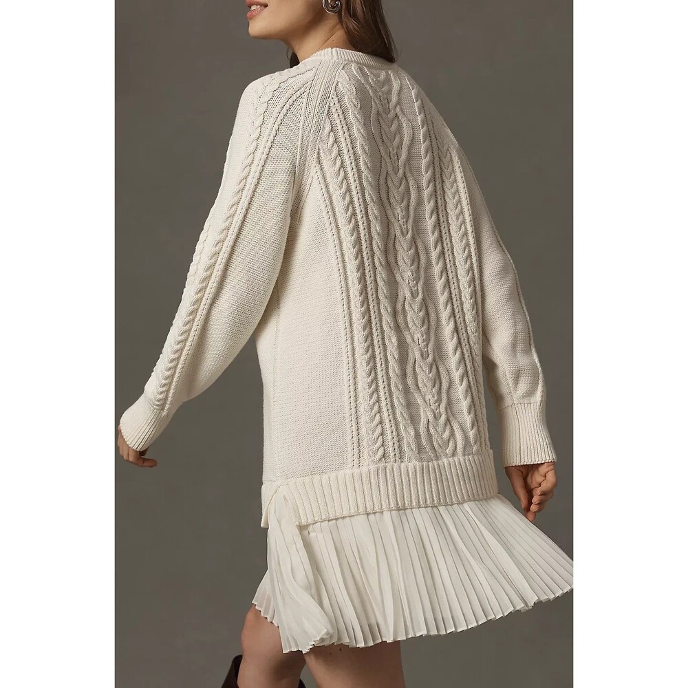 Anthropologie Delphine Sweater Twofer Mini Dress Eggnog Cable Knit Pleated M - Picture 3 of 9